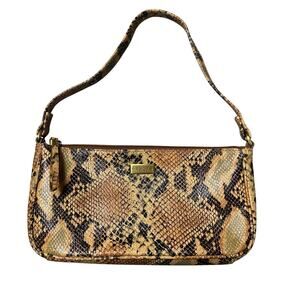 Assots London Leather Tan Snake Print Baguette Shoulder Bag